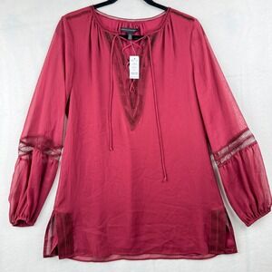 White House Black Market Blouse‎ Size S Long Sleeve Lace Neck Tunic Top NWT